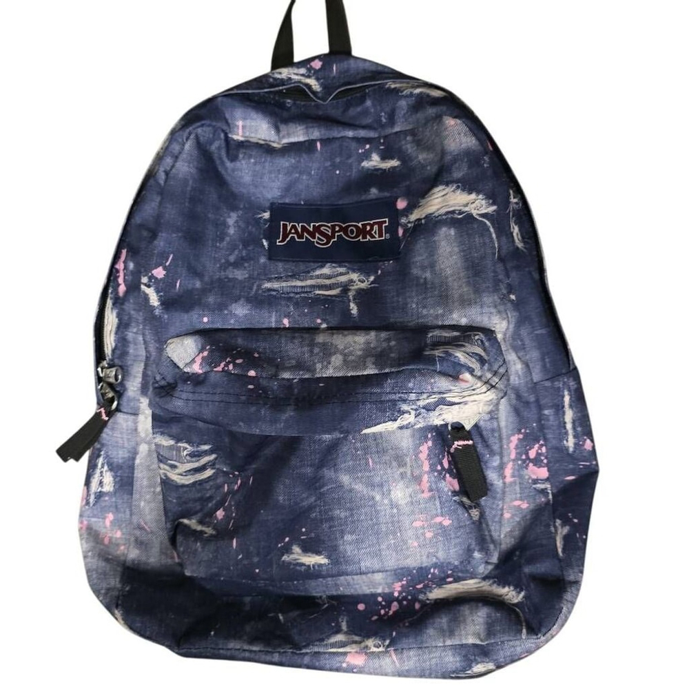 Jansport Superbreak Nylon Backpack Blue Pink Distressed Denim Look Front Zipper